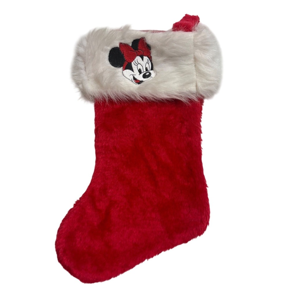 Vintage Embroidered Disney Minnie Mouse Christmas Red Stocking White Faux Fur